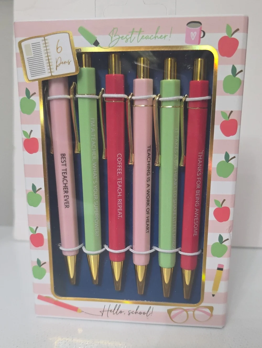 James Burke Best Teacher! Assorted Color Ballpoint Pen Set - 6 Pack, New-in-Pack